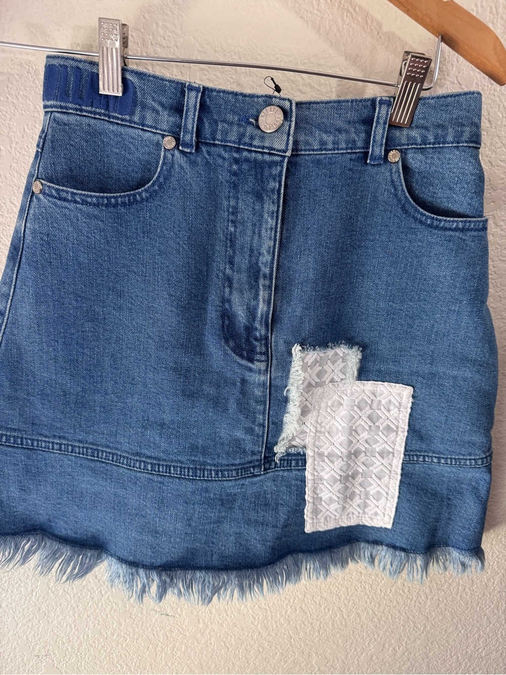 House of Holland Blue Denim Mini Skirt with White Lace Patch